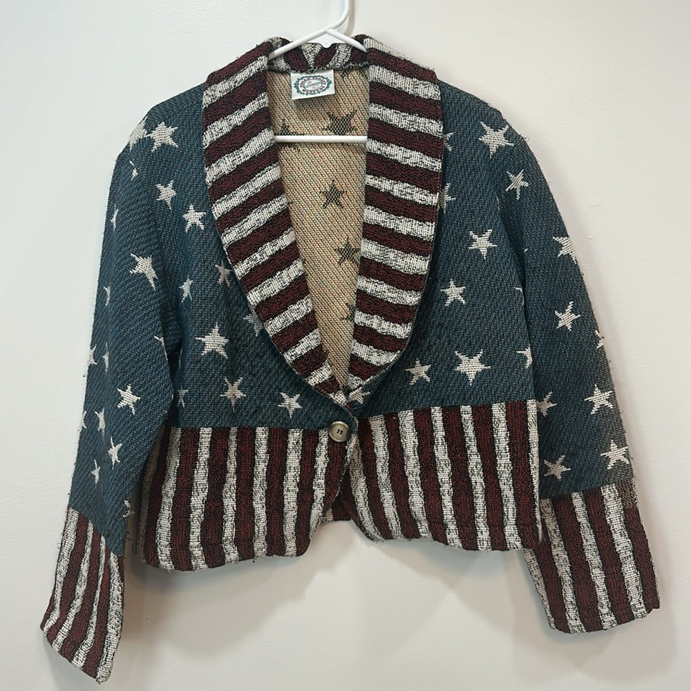 Sugar Street Weavers Womens Jacket‎ Medium Tapestry Tweed Flag America USA July